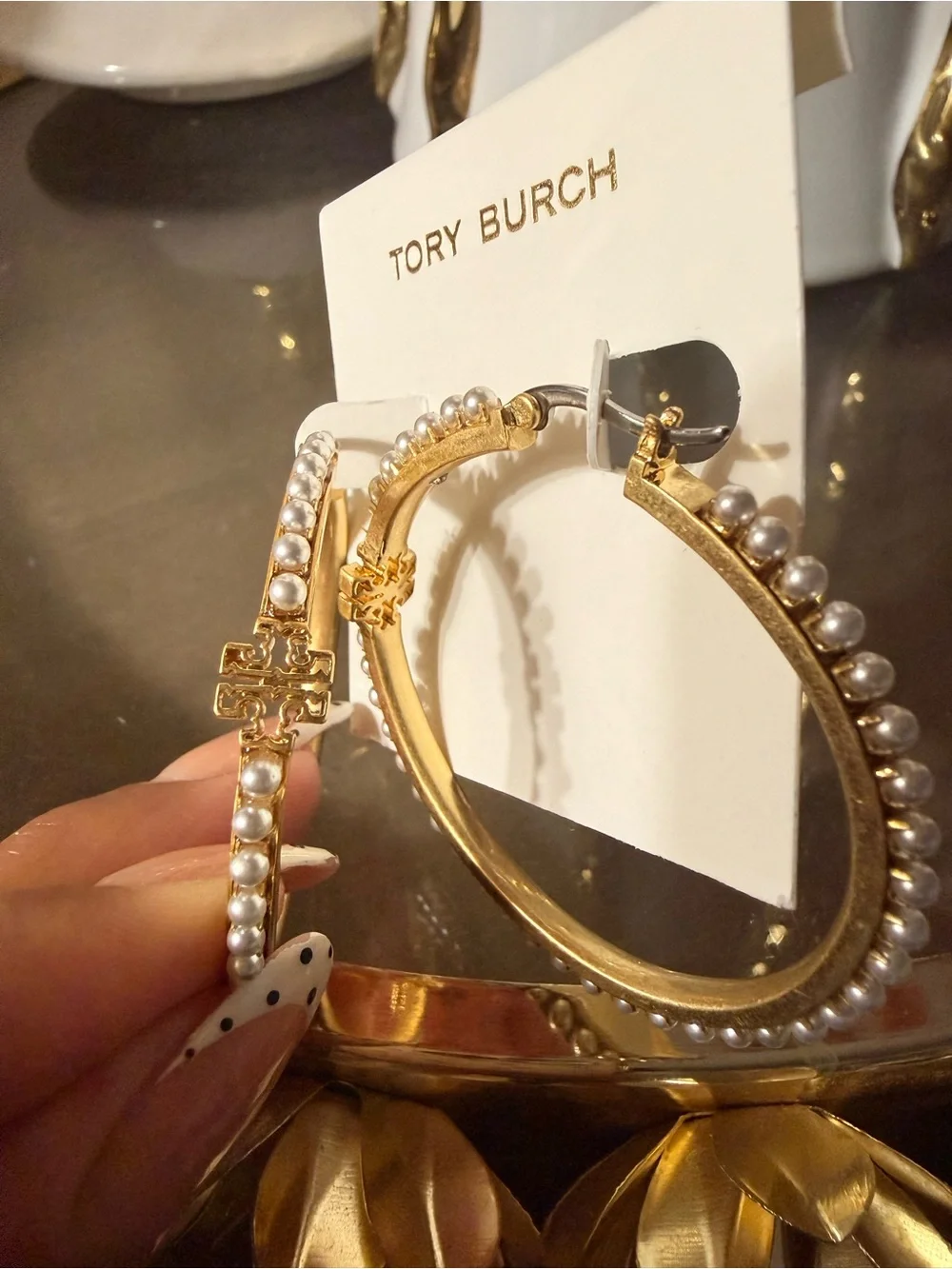 Tory Burch Gold Hoop Earrings with Pearl Accent